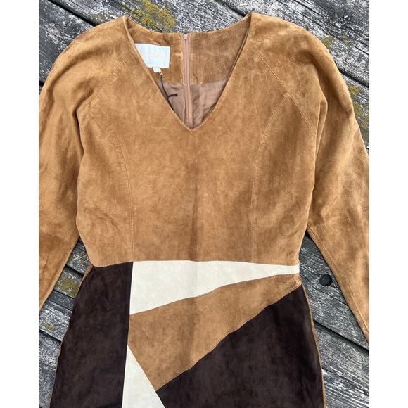 Vintage Margaret Godfrey Patchwork Leather Dress Long Sleeve Lined Sz 12 - Picture 4 of 9